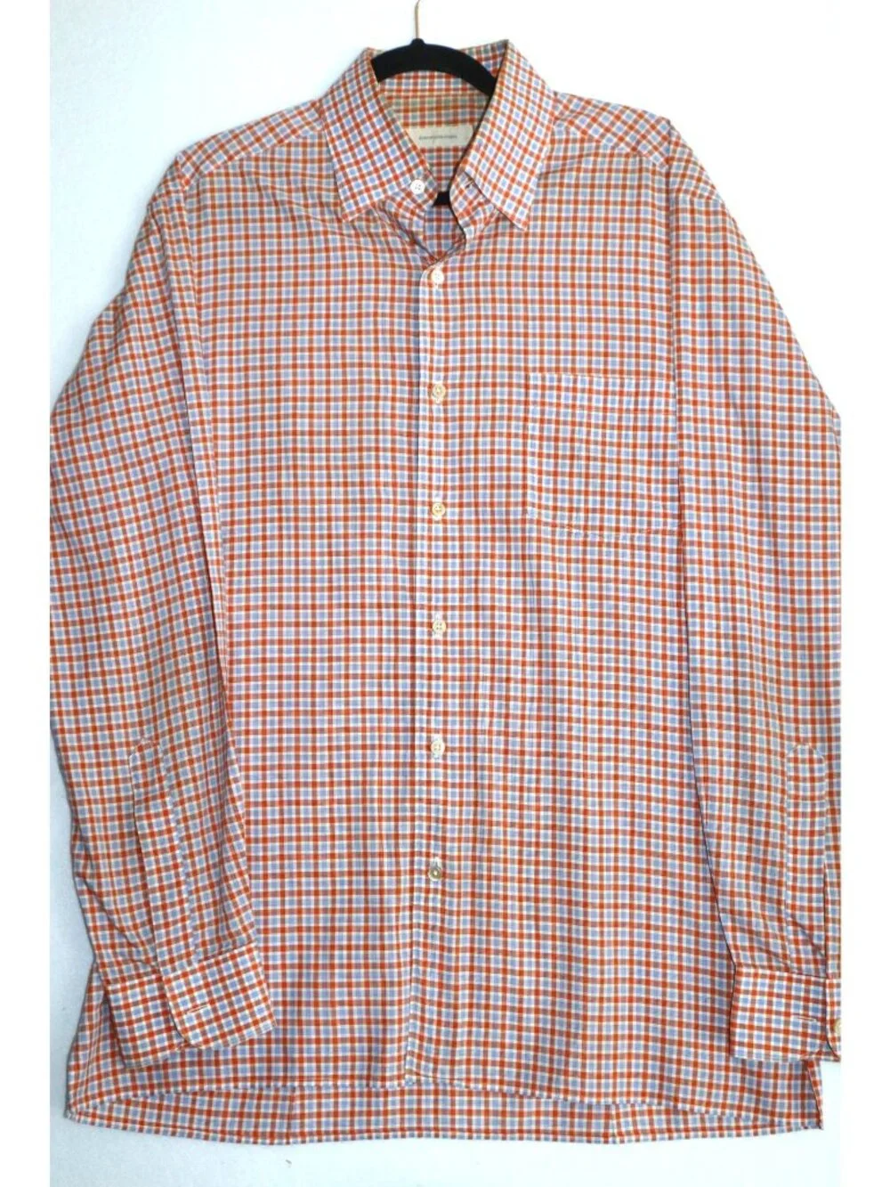 Ermenegildo Zegna Check Dress Shirt L Orange Blue Button Front Made in Italy